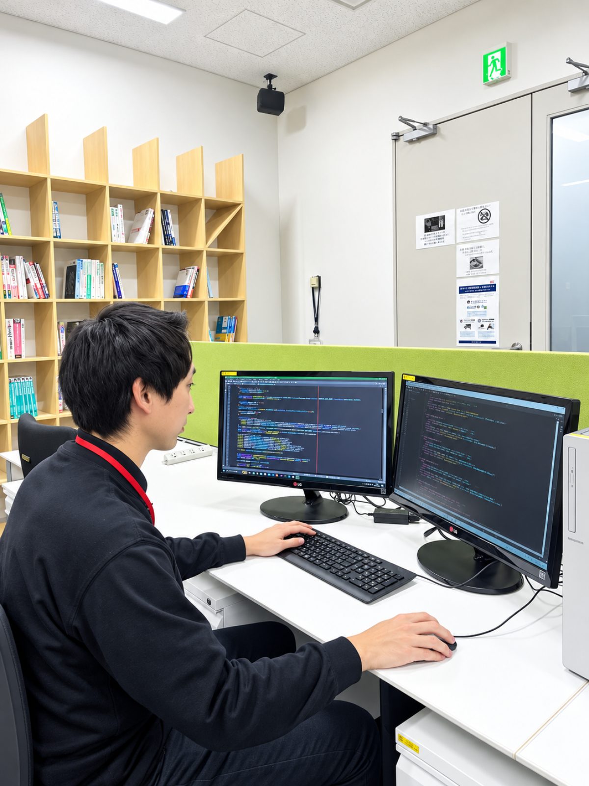 デュアルモニタでプログラムを書く社員
